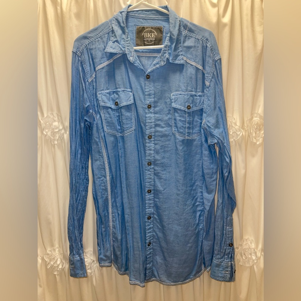 BKE Athletic Fit blue linen dress/casual button down shirt XL